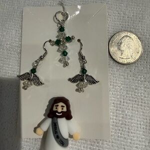 Beaded Cross and Silver and Green Angel Wing Earrings